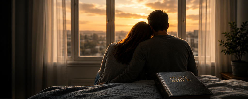 Rebuilding Trust Without Rushing the Foundation A couple sitting near an open Bible in morning light.