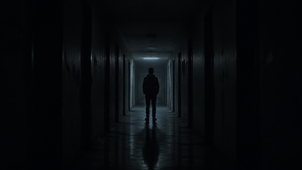 A person standing alone in a dark hallway symbolizing silence and emotional isolation