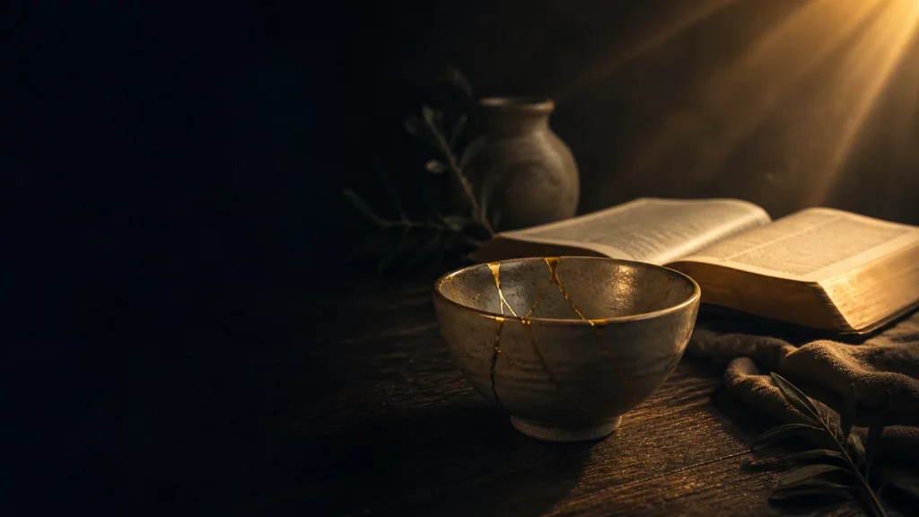 The Enemy Divides, God Restores Restoration teaching hero graphic with repaired pottery and an open Bible.