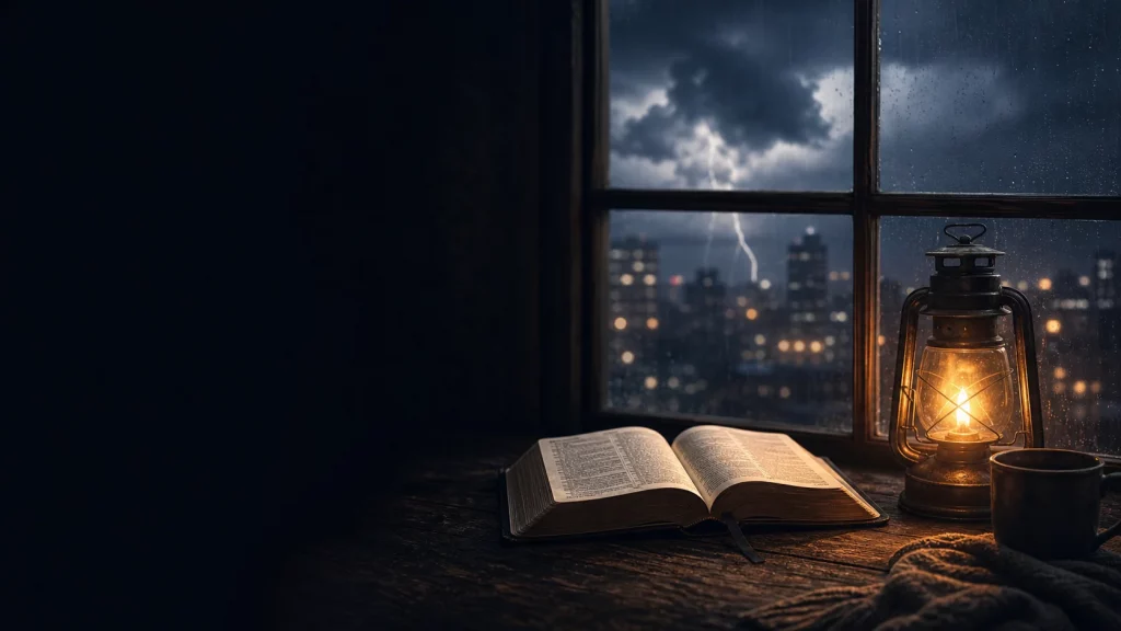 Faith in Chaos Faith in a chaotic world hero graphic with Bible, lantern, and stormy window.