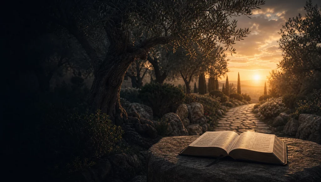 Gethsemane to Resurrection Gethsemane to Resurrection hero graphic with garden path, open Bible, and sunrise.