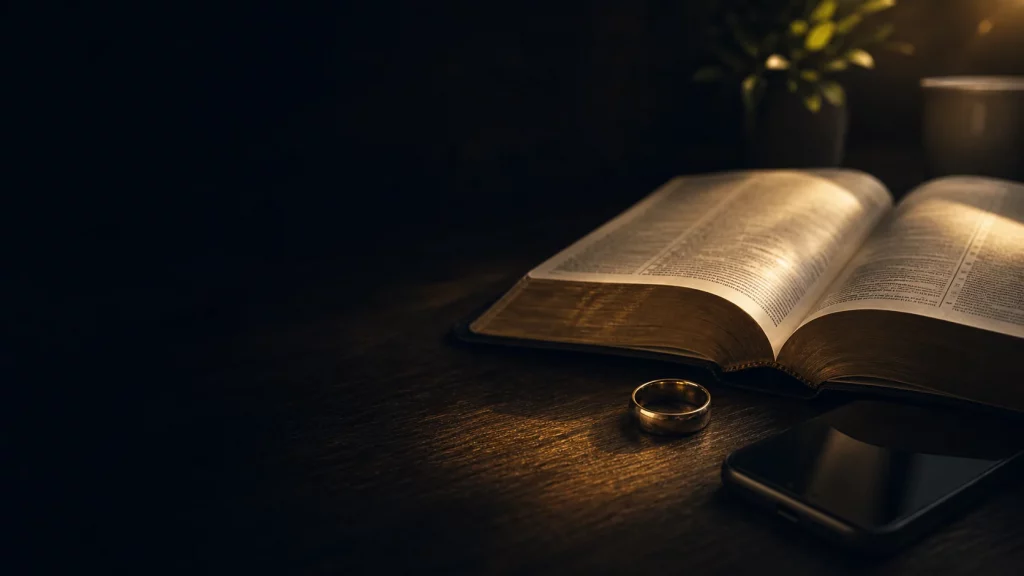 Covenant restoration hero graphic with wedding ring, Bible, and phone in shadow.