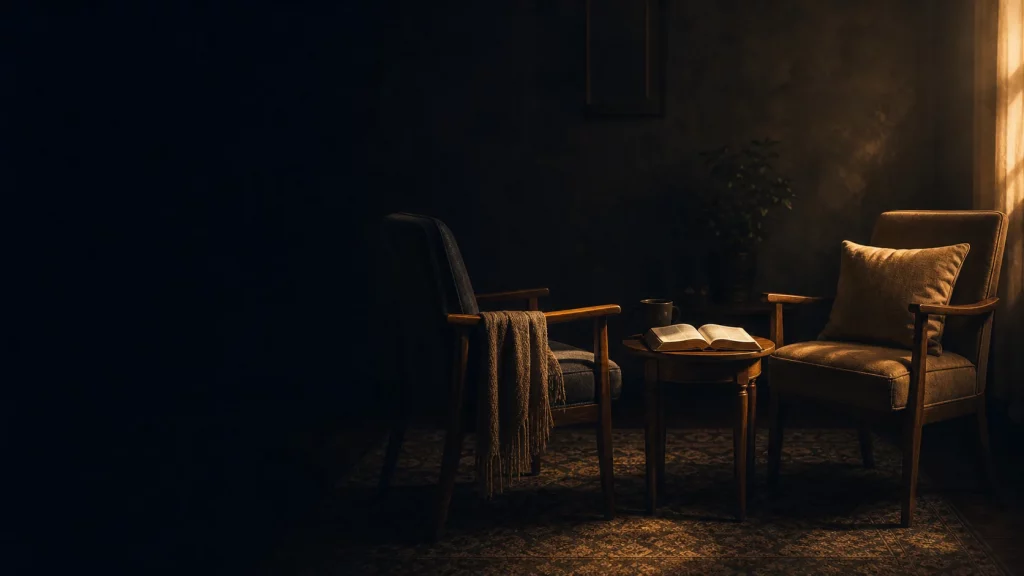 Covert abuse teaching hero graphic with separated chairs and an open Bible.