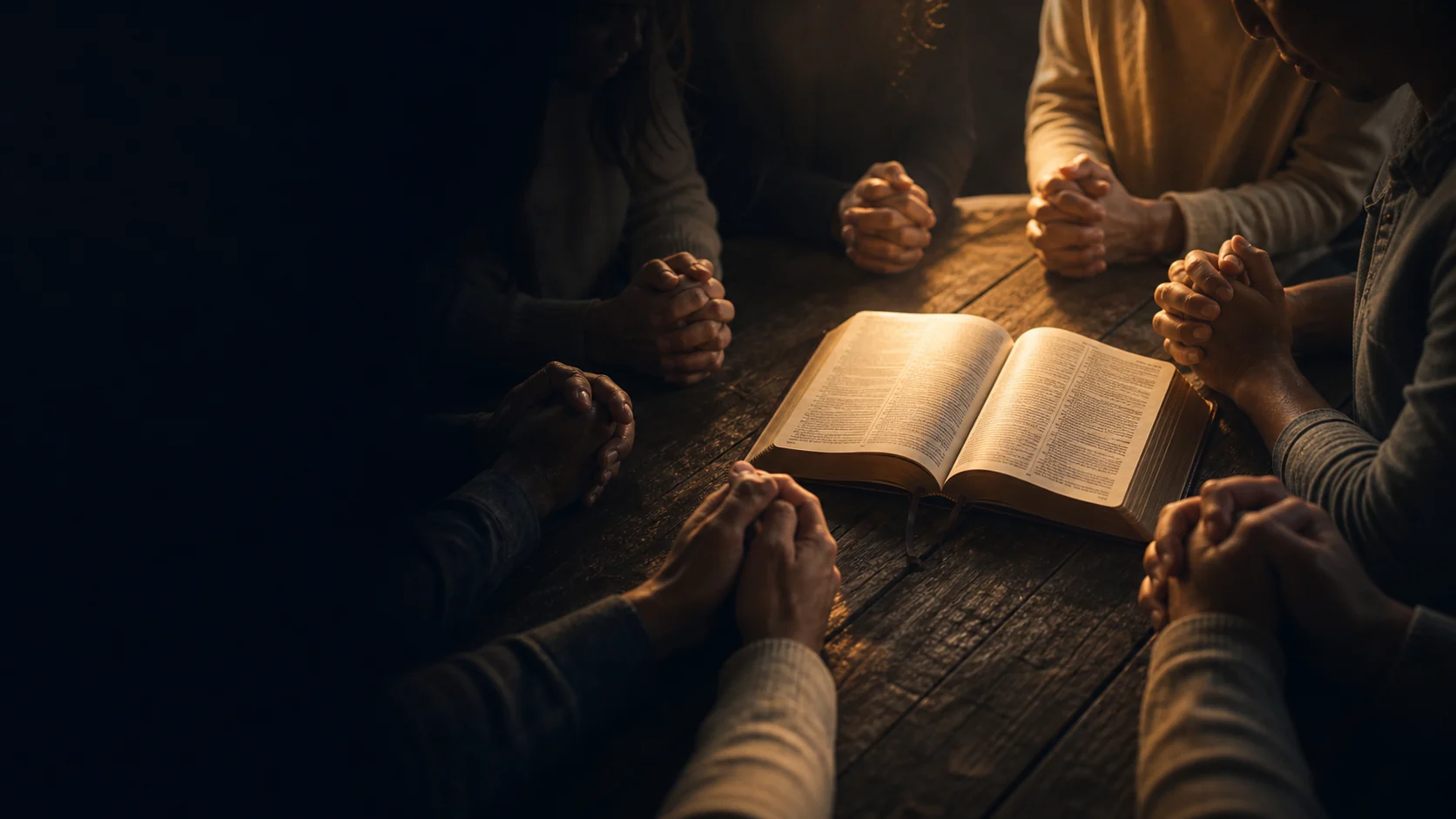 How to Pray for Restoration Without Making an Idol of the Outcome Hands gathered around an open Bible in prayer.