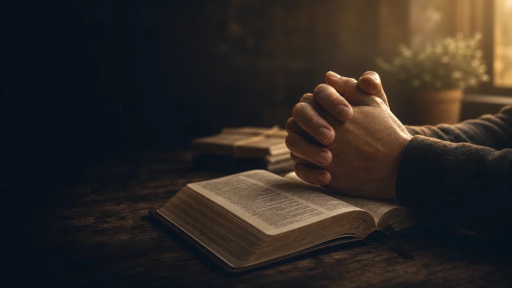 The Persistent Widow and the Courage to Keep Asking Prayer request hero graphic with clasped hands over an open Bible.