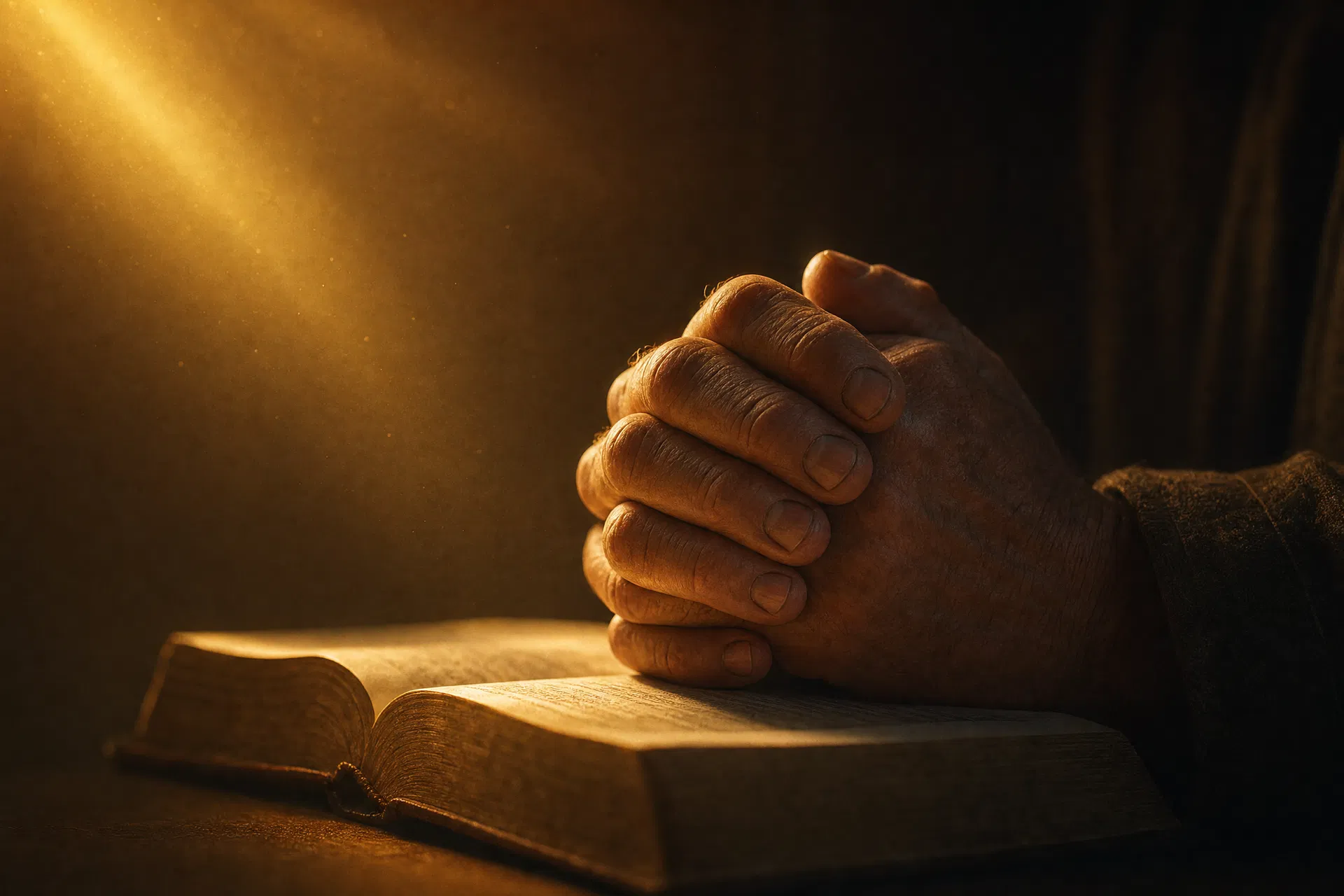 Home Hands clasped in prayer at sunset.