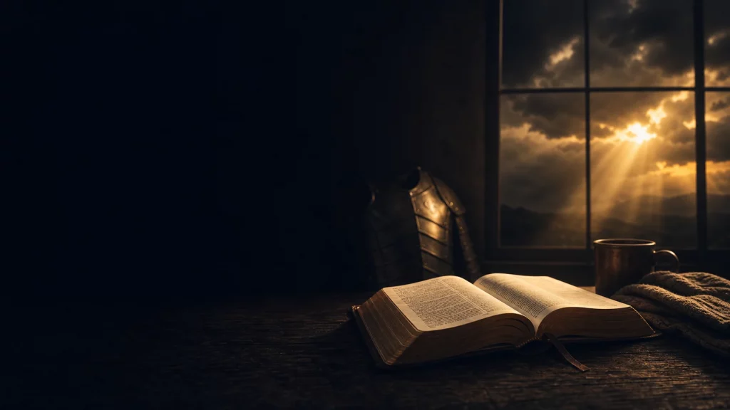 Spiritual Warfare Spiritual warfare teaching hero graphic with Bible, storm light, and hopeful atmosphere.