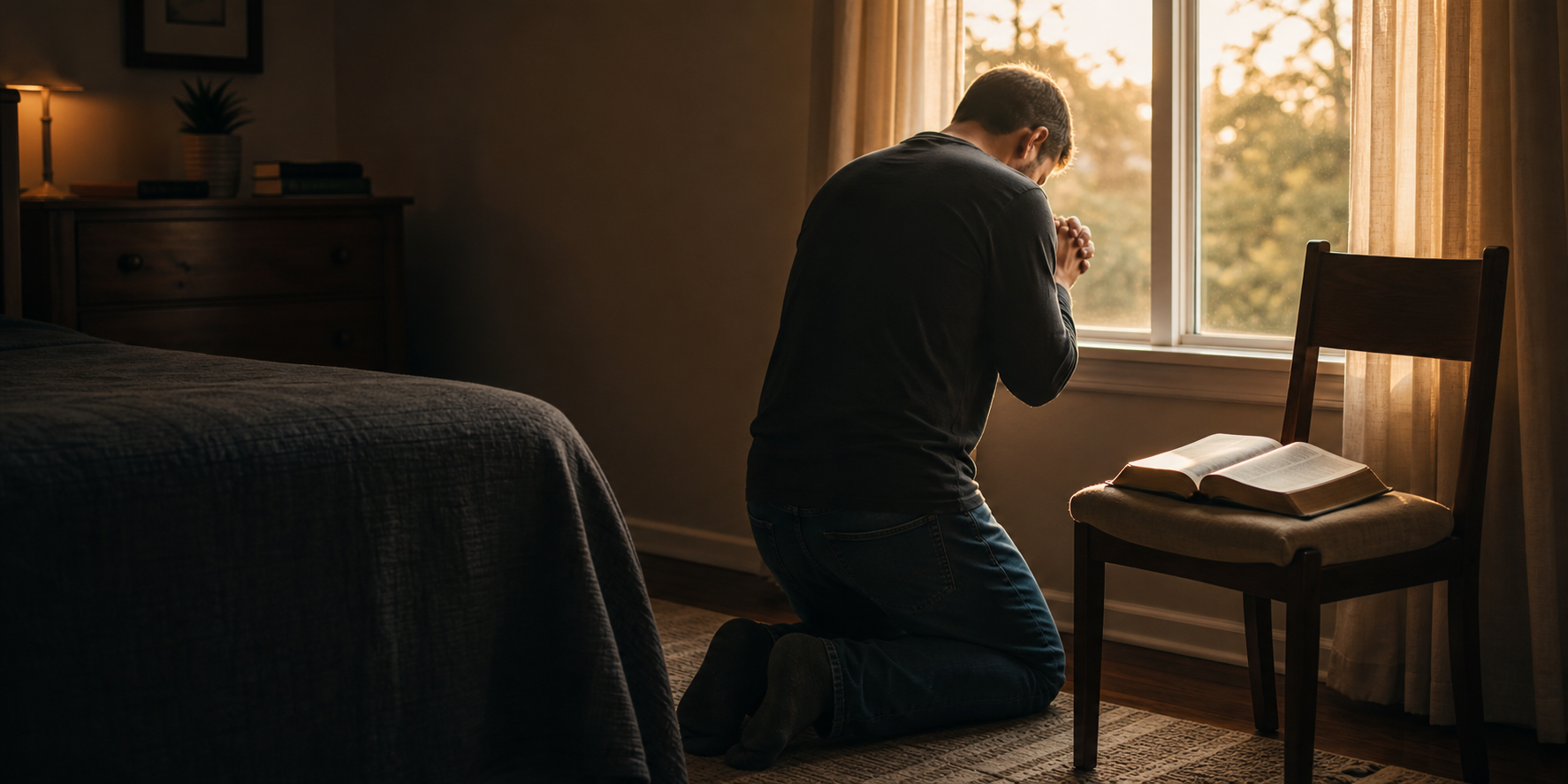 Home Husband kneeling in prayer by a window with an open Bible nearby.