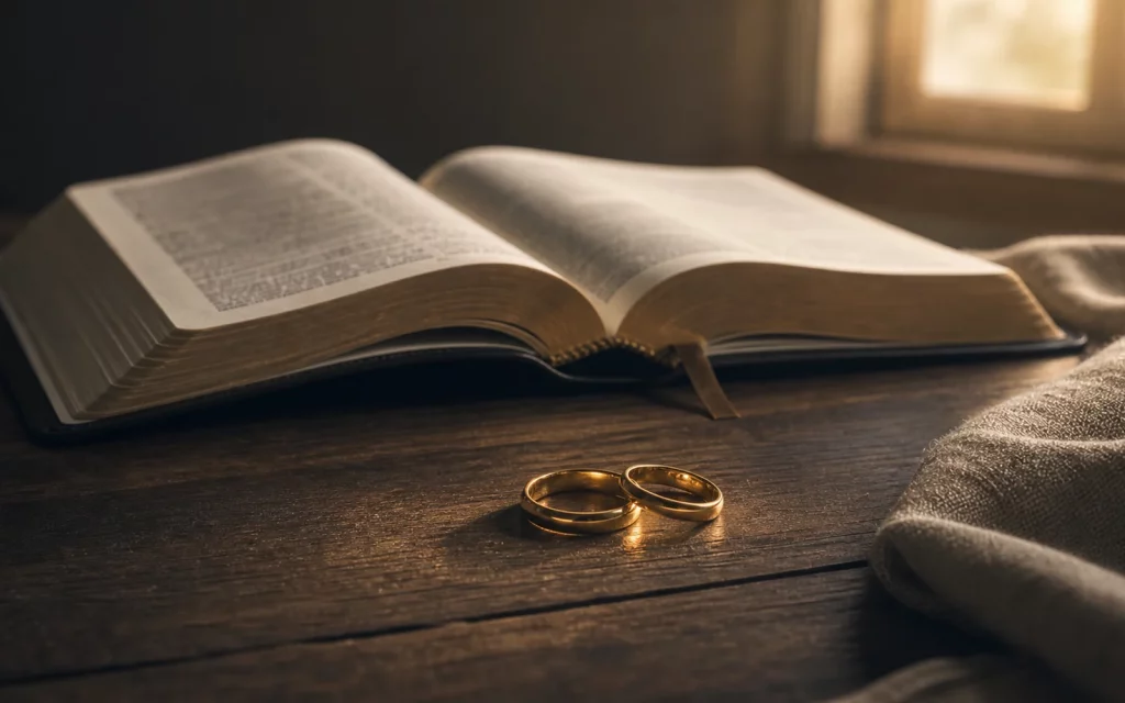 Faithfulness When Affection Feels Thin Wedding rings beside an open Bible in warm natural light.