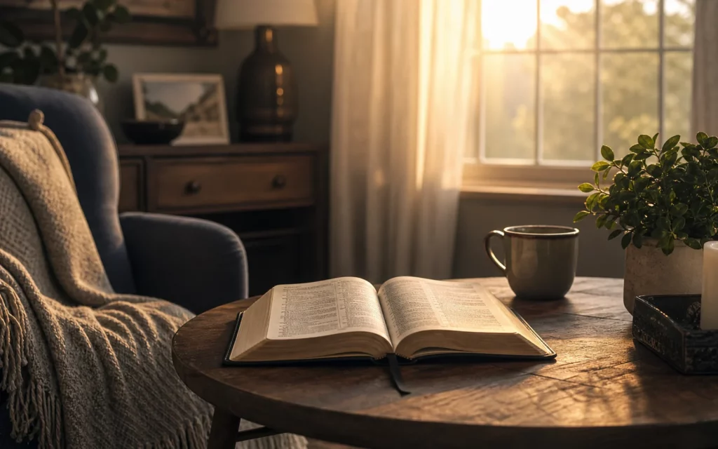 Praying Over Your Household in a Crisis A peaceful home setting with an open Bible and warm light for family prayer.