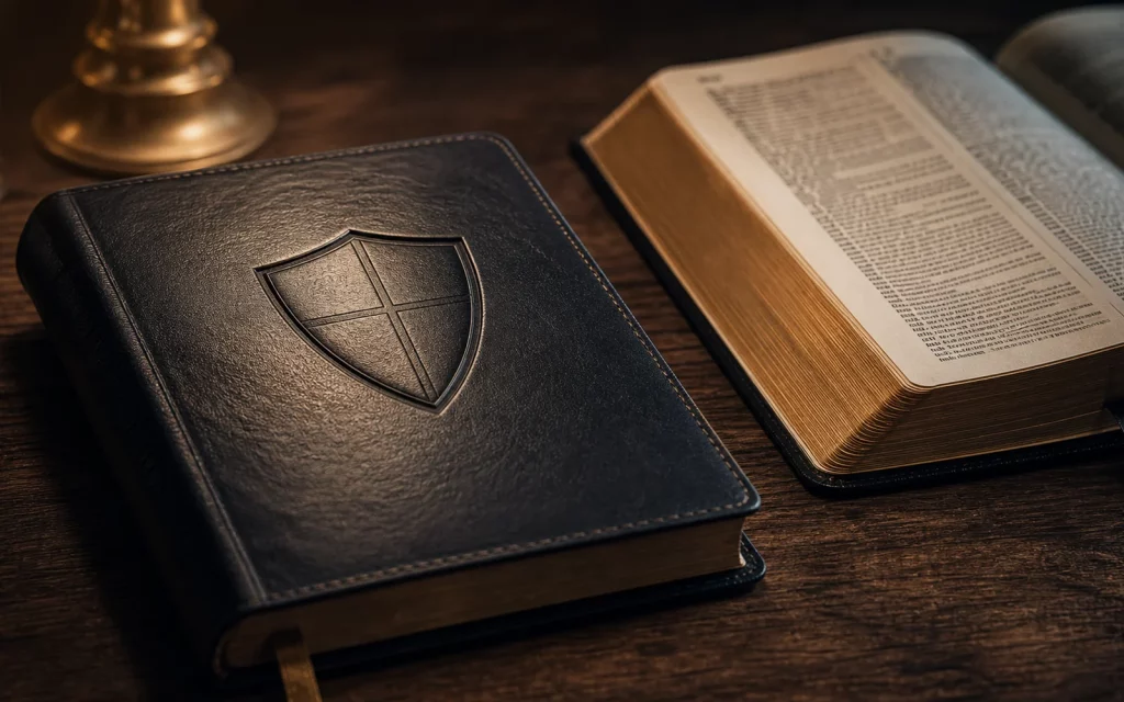 Walking by Faith, Not Panic An original shield journal beside an open Bible, created for Guardians of the Covenant.