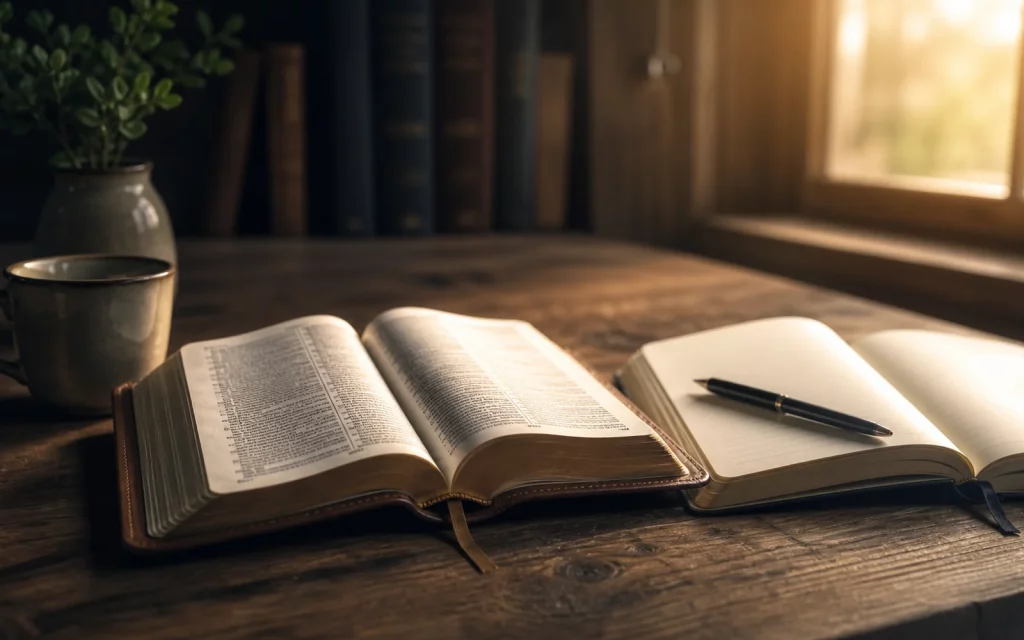 Gethsemane Teaches Us How to Surrender An open Bible and journal in warm morning light for prayer and Scripture study.