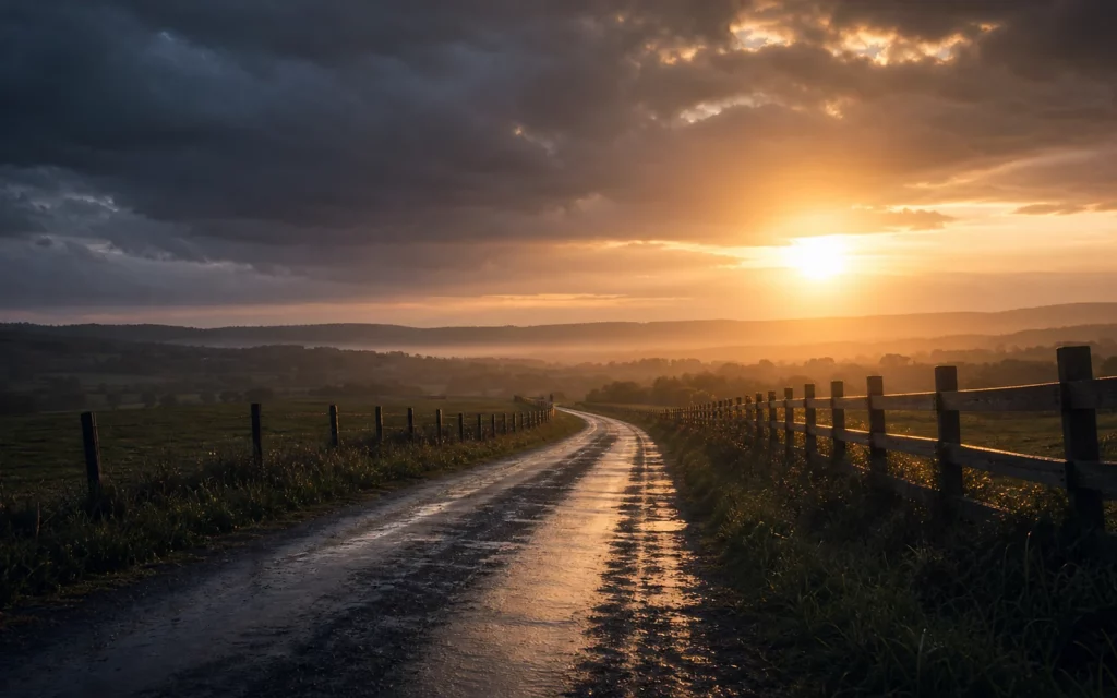 Hope Without Obsession A country road at sunrise after a storm, symbolizing patient hope and restoration.
