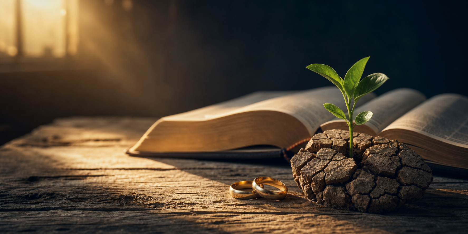 Home Open Bible, wedding rings, and new growth representing spiritual growth while standing in the gap.