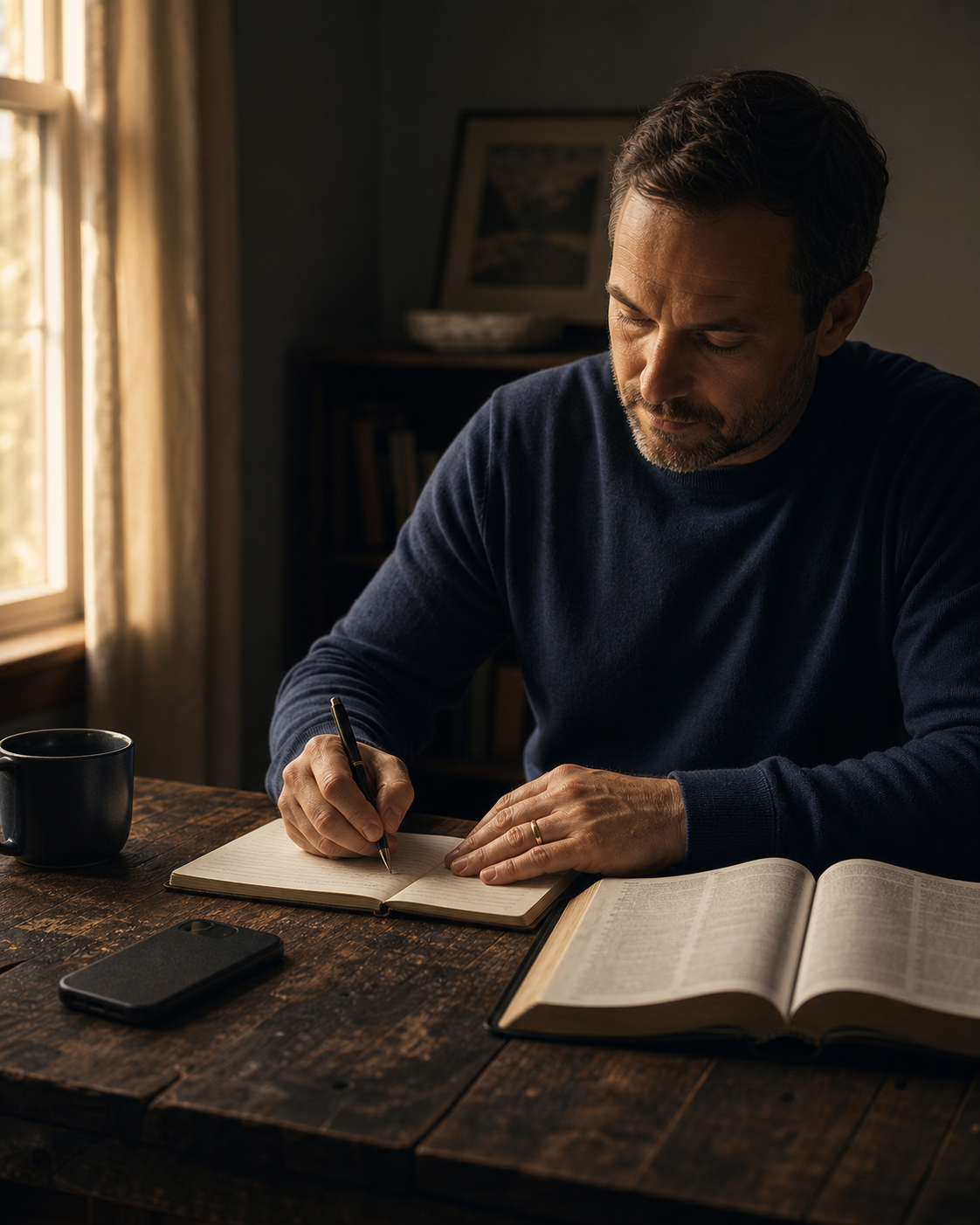 You Can Stand for Your Marriage Without Trying to Control Your Spouse Man journaling beside an open Bible with his phone set aside.