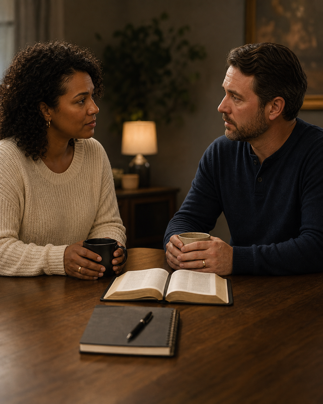 Forgiveness, Trust, and Reconciliation Are Not the Same Thing Married couple speaking across a table with an open Bible between them.