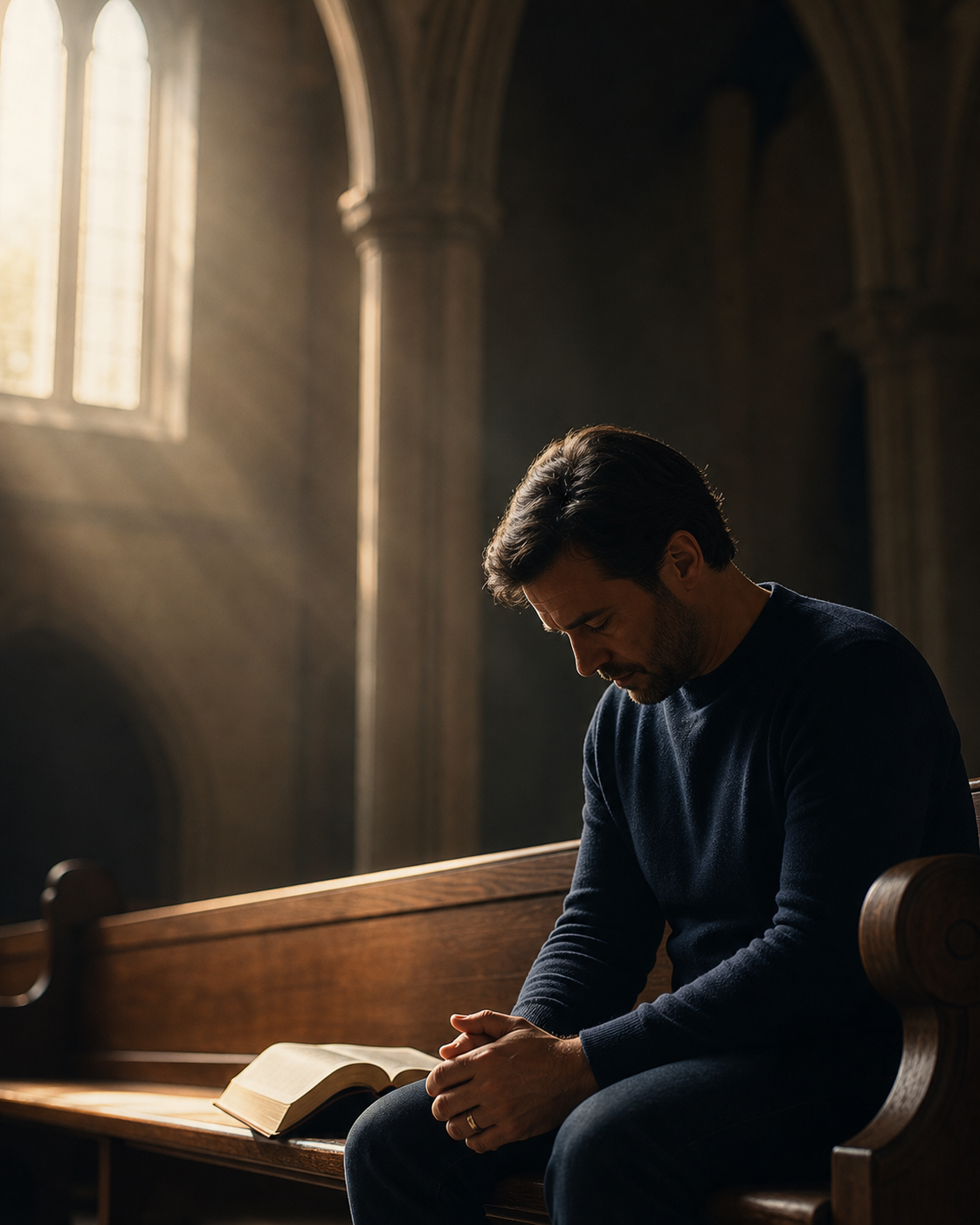Man praying quietly in a church pew beside an open Bible.